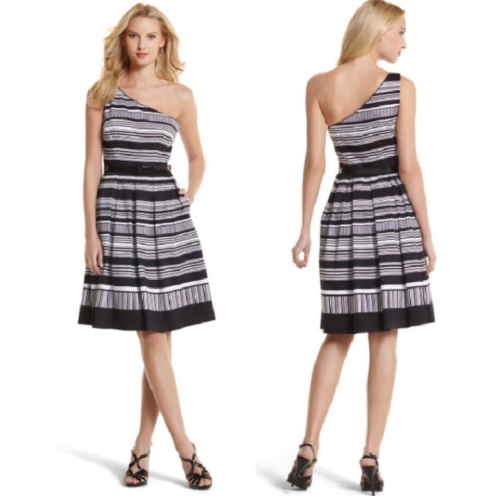 WHBM B&W Striped One Shoulder Dress With Belt NWOT